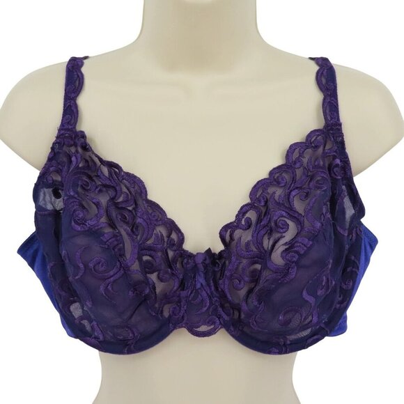 Cabernet 38D Bra 42-1150 Purple Embroidered Scroll Mesh Underwire Unlined - Picture 1 of 13